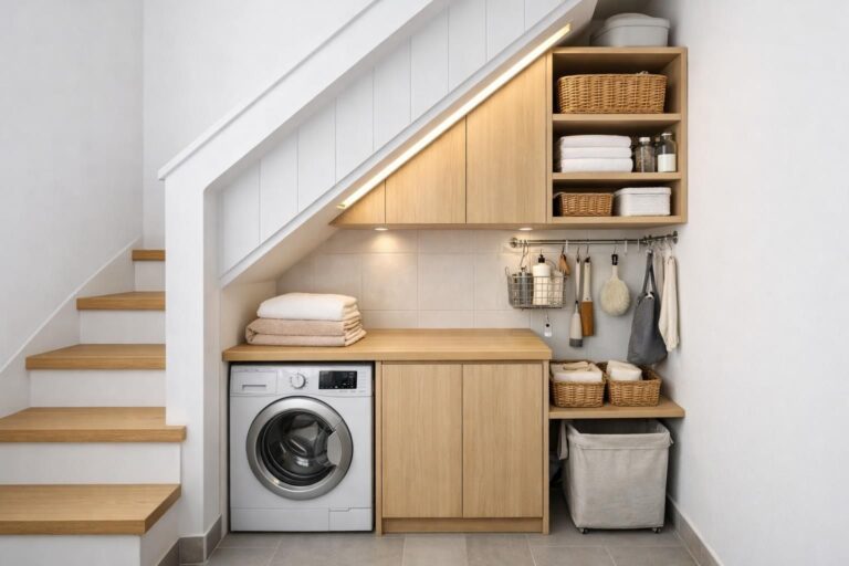 Astuces d&rsquo;architecte pour aménager une buanderie de 2m² sous l&rsquo;escalier sans encombrement